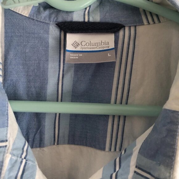 Columbia Sportswear Mens SS Button Down Shirt Blue/White Striped L - Picture 2 of 6